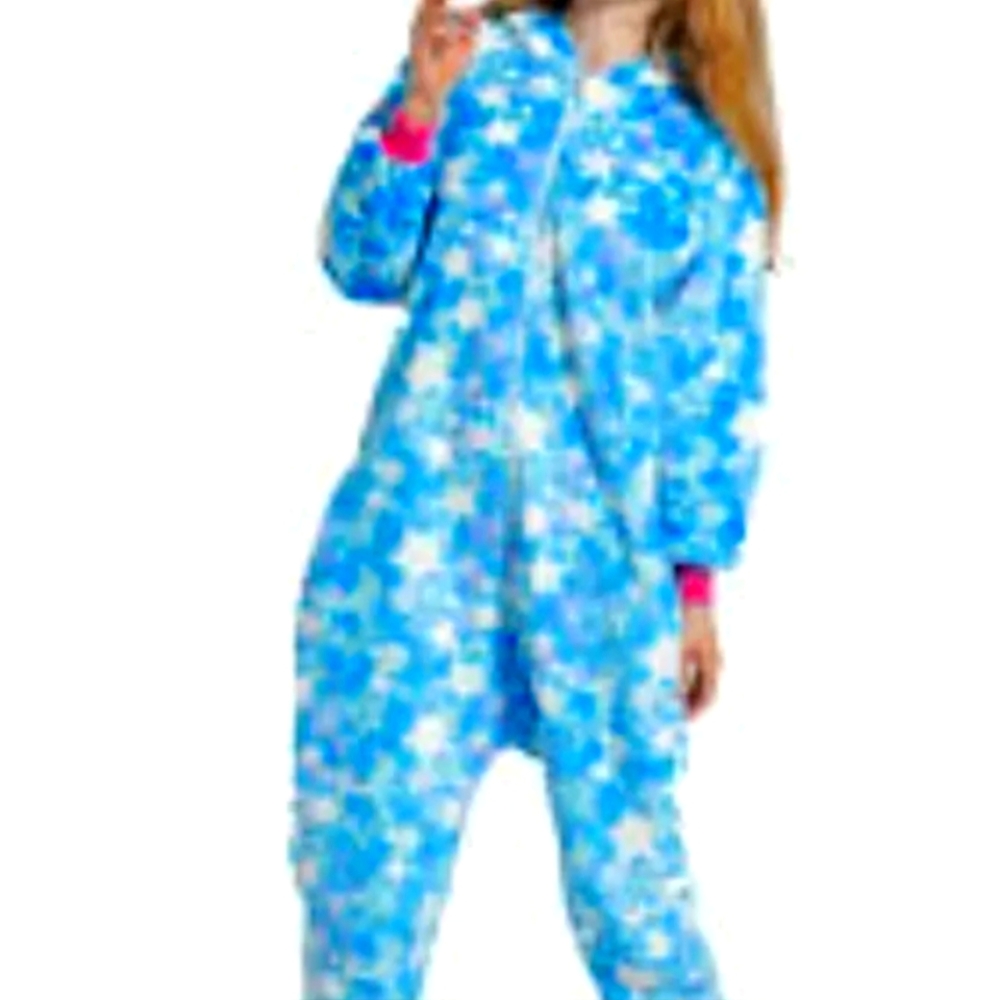 NEW Unicorn Union Suit Pajamas Blue star Rainbow Tail Hood Fleece SZ girls 7-8